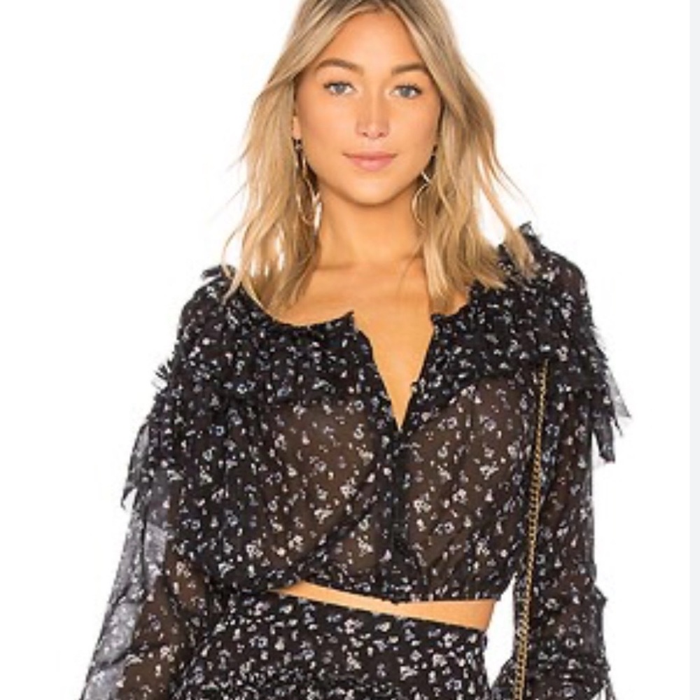 LoveShackFancy Black Sheer Floral Ruffle Blouse